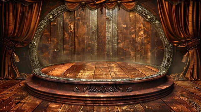 Classic wooden podium set against a backdrop of velvet curtains debuting a timeless product