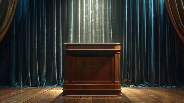Classic wooden podium set against a backdrop of velvet curtains debuting a timeless product