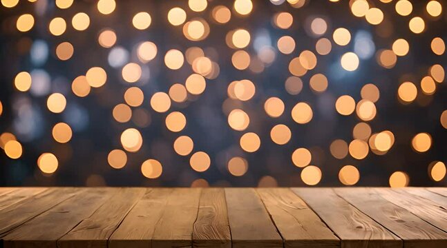 An empty wooden table provides a rustic backdrop, complemented by soft bokeh lights in the background.