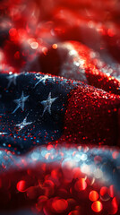 A fragment of the American flag is brought to life with sparkling light bokeh, emphasizing the stars against a backdrop of glowing red.
