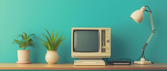 Retro computer setup from the 80s with vintage technology and accessories. Concept 80s tech nostalgia, Retro computer setup, Vintage accessories, Throwback gadgets, Classic computing