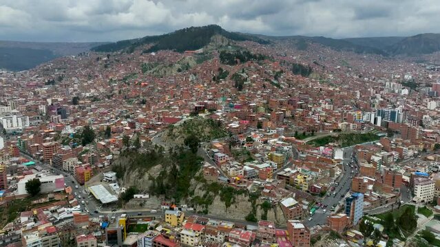 La Paz, Bolivia, aerial view flying over the dense, urban cityscape. South America.