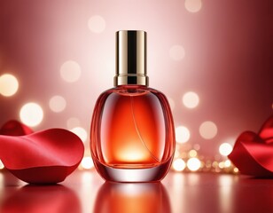 a bottle of red perfume with a red satin on the background 