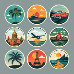 A set of stickers on the theme of travel, attractions and recreation in retro style. © NGliory