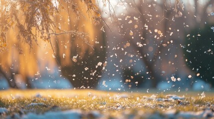 Spring field with tree leaf branches and pollen flying in air in allergic season.