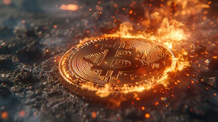 Crypto firestorm depicting Bitcoin in literal combustion reflecting market turmoil - obrazy, fototapety, plakaty