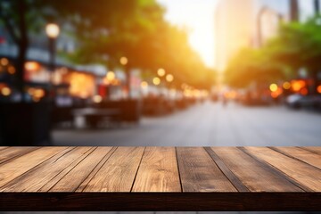 Empty wooden table and blurred city background with bokeh, Ai Generated - Powered by Adobe