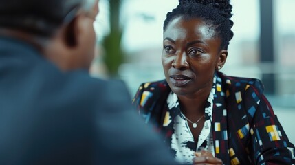 A confident black businesswoman negotiating terms with a client, demonstrating assertiveness and strategic thinking in closing deals. - obrazy, fototapety, plakaty
