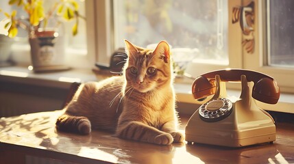 Retro rotary telephone and big cat on table