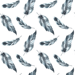 Watercolor seamless pattern with monochrome bird feathers grey black color with granulation of shades, ornaments. Quills wings drawing illustration. Wallpaper wrapping fabric Isolated white background