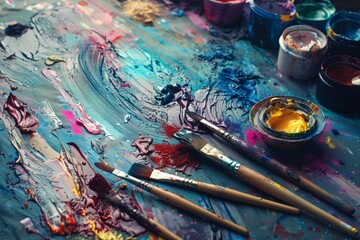 Artistic paintbrushes on colorful background