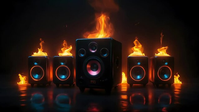 speakers surrounded by fire, burning speakers on black background with neon light effects