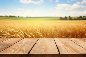 Wooden table in front of wheat field background, Product Display, Ai Generated