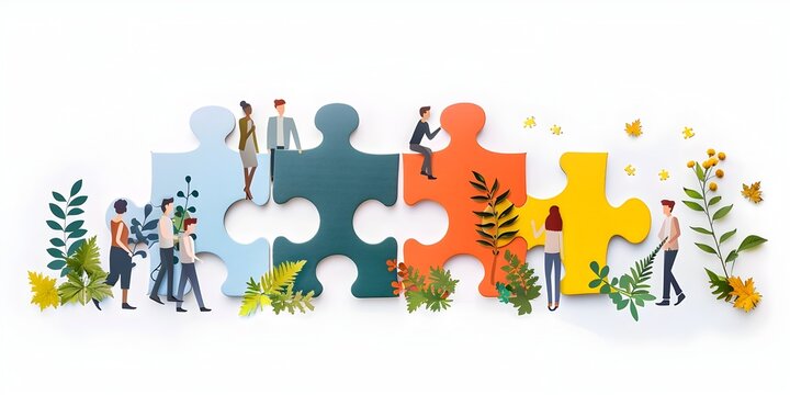 Collaborative Business Strategies and Growth Solutions Depicted Through Puzzle Piece Assembly