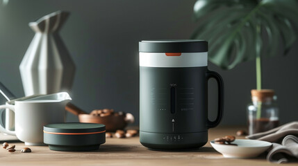 Stylish coffee mug mockup with an integrated temperature display, smart lid, and minimalist aesthetics, redefining the morning routine for coffee enthusiasts - Powered by Adobe