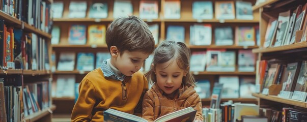 Two kids reading a book in library quietly