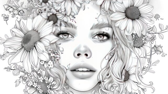 Sketch of a woman with flowers around her without color AI generated image
