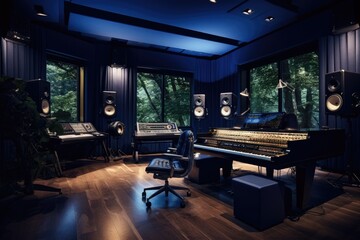 Modern recording studio, A high-tech modern recording studio with ambient lighting, AI generated
