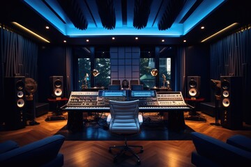 Modern recording studio , A high tech modern recording studio with ambient lighting, AI generated