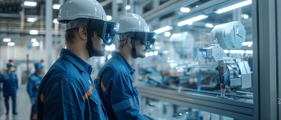 Two engineers use augmented reality to communicate and visualize maintenance on hightech machinery in an Industry 40 factory. Concept Industry 4,0, Augmented Reality, Engineering Communication