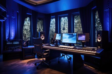 Modern recording studio, A high-tech modern recording studio with ambient lighting, AI-generated