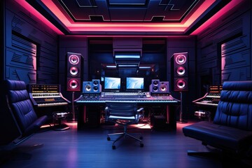 Modern recording studio, A high-tech modern recording studio with ambient lighting, AI-generated