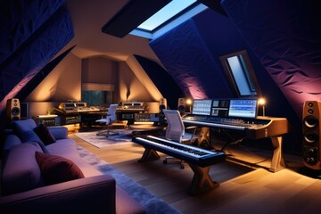 Modern recording studio, A high-tech modern recording studio with ambient lighting, AI-generated