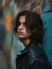 Fototapeta premium A modern informal teenager against an urban background. AI generative.