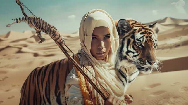 Muslim woman wearing a white hijab carrying a bow and arrow accompanied by a tiger in the middle of the desert