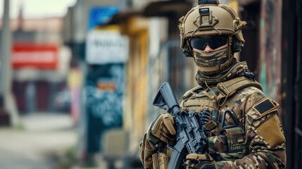 Modern soldier in military uniform and helmet. AI generative. - obrazy, fototapety, plakaty