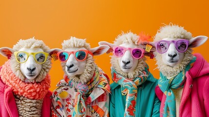Sheep lamb in a group vibrant bright fashionable outfits on colored background