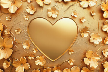 Gold heart surrounded by flowers and leaves
