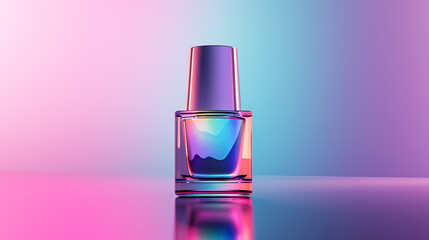 Trendsetting holographic nail polish bottle mockup, with a sleek design and an empty space for your brand logo, presenting a modern and eye-catching nail product