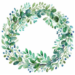 Naklejka premium Couronne de feuilles vertes à l'aquarelle, imagerie florale poétique printemps-été