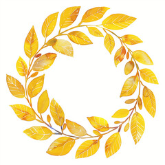 Couronne de feuilles dorée à l'aquarelle, poésie saisonnière, illustration jaune douce et...