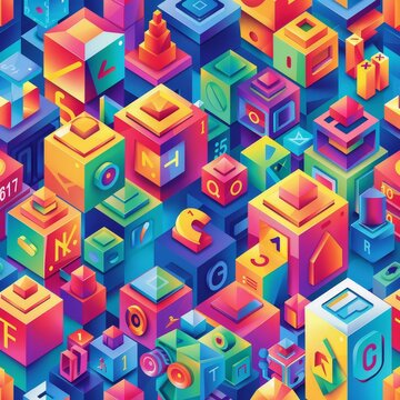 A picture of 3D isometric city made of colorful cubes and blocks, geometric abstract world of objects, AI Generated.