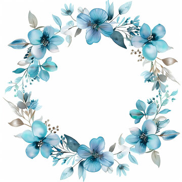 Illustration tons bleus et gris, couronne de feuilles et de fleurs &agrave; l'aquarelle sur fond blanc, imagerie florale po&eacute;tique