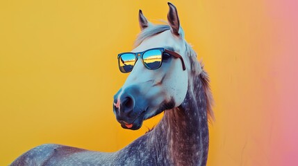 Stylish horse in sunglasses on colored background