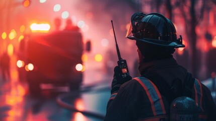 Firefighter talk on radio phone at fire site - obrazy, fototapety, plakaty
