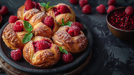 Puff pastry with raspberries on a black plate
