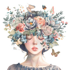 Portrait of a beautiful woman with a floral crown on her head, watercolor dreamy illustration in pastel colors 