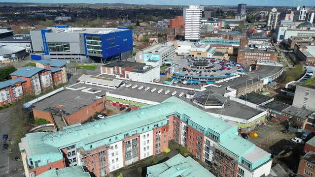 High Angle Footage of Central Coventry City Centre of England United Kingdom. March 30th, 2024
