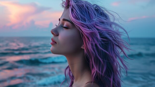 Relaxing purple hair Woman model on the elegant beach AI generated image