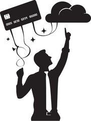 cheerful dreamy man formal shirt rising bank card pointing thumb empty space isolated vector black color silhouette