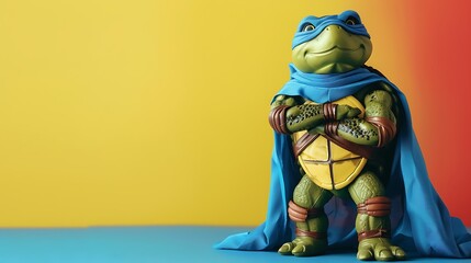 Superhero turtle in blue cape on colored background