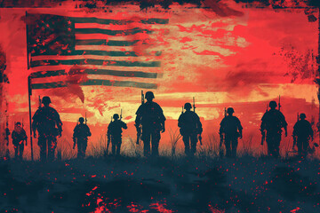 4th of july illustration of USA army holding their flag. Generative AI
