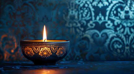 A single lit candle in an elegant, decorative bowl against the backdrop of intricate blue wallpaper with soft lighting and copy space for text