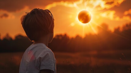 Child in sunglasses watching solar eclipse. Educational concept for astronomy studies poster.