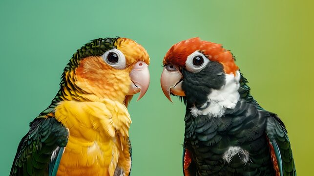 Two caique birds looking at the same side on colored background