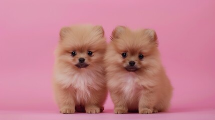 Fototapeta na wymiar Two cute confused pomeranian puppies with pink background